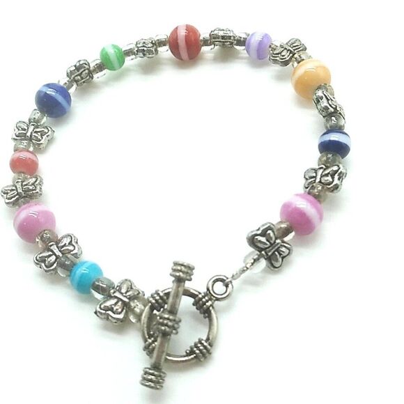 Colorful Rainbow Glass Beaded Toggle Bracelet-Anklet w Silver-tone Butterflies - Picture 11 of 15